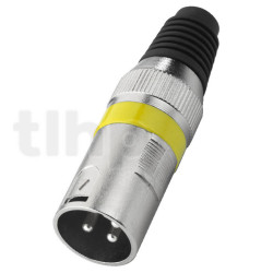 XLR male metal plug, 3 poles, yellow ring, nickel contacts, cable entry diameter 7 mm