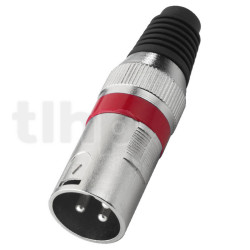 XLR male metal plug, 3 poles, red ring, nickel contacts, cable entry diameter 7 mm