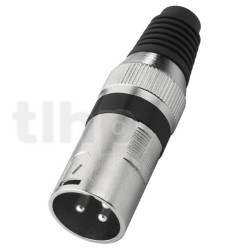 XLR male metal plug, 3 poles, black ring, nickel contacts, cable entry diameter 7 mm