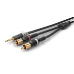 0.3m audio cable, with two male RCA plugs (red/black markers) to one male 3.5 mm mini-Jack stereo plug, Sommercable HBP-3SC2, black, with gold plated contact connectors