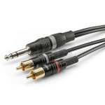 3m instrument cable, with two male RCA plugs (red/black markers) to one male 6.35 mm mini-Jack stereo plug, Sommercable HBP-6SC2, black, with gold plated contact connectors