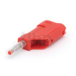 Set of four red PVC banana  plug, stackable, lenght 58 mm, screw contact