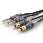 0.6m audio instrument cable, with double 6.35 mm Jack mono plugs to double male RCA plugs, red/white rings, Sommercable HBA-62C2, black, with Hicon gold plated contact connectors