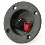 Small round 2-pole recessed terminal block for high fidelity loudspeaker, brass contacts, for banana plug or clamping on wire, cylindrical front 75 mm