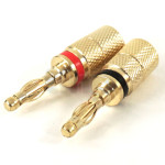 Pair of banana plugs, one red, one black, total length 38.7 mm, gold plated brass