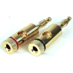 Pair of banana plugs, one red, one black, total length 48 mm, gold plated