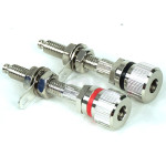 Pair of high fidelity loudspeaker terminals for banana or clamping on wire (diameter 6 mm max), red/black markings, diameter 15 mm, length 56.5 mm