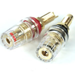 Pair of high fidelity gold-plated loudspeaker terminals for banana or clamping on wire (diameter 5 mm max), red/black markings, diameter 19 mm, length 54.7 mm