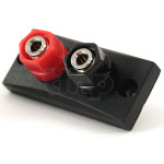 Small rectangular 2-pole recessed terminal block for high fidelity loudspeaker, brass contacts, for banana plug or clamping on wire, rectangle front 54x24 mm
