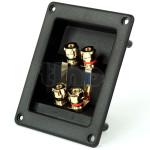 Large rectangular 2-pole (for bi amp or bi wiring) recessed terminal block for high fidelity loudspeaker, gold-plated contacts, for banana plug or clamping on wire, rectangle front 123.3x96.5 mm