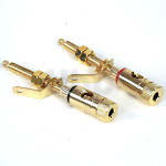Pair of terminals for high fidelity loudspeaker, gold-plated, for banana plug or clamping on wire (diameter 5.5 mm max), red/black markings, diameter 10.6 mm, length 70.5 mm