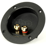 Large round 2-pole recessed terminal block for high fidelity loudspeaker, gold-plated contacts, for banana plug or clamping on wire, cylindrical front 105 mm
