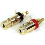 Pair of high fidelity gold-plated loudspeaker terminals for banana or clamping on wire (diameter 5 mm max), red/black markings, diameter 10.6 mm, lenght 33.2 mm