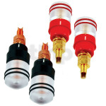 Set of four M8 insulated terminals (2 red + 2 black), EVO gold-plated pure copper, connections: external 6 or 8 mm spade lug or banana plug, interior 8 mm spade lug, solder or banana plug