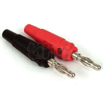 Pair of red/black banana plugs, length 57 mm, flexible insulated sheath, steel connection to be screwed/soldered for wire up to 3 mm diameter, side hole diameter 4 mm for banana