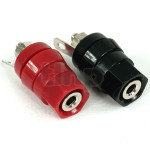 Pair of loudspeaker terminals for banana or clamping on wire (diameter 4 mm max), red/black markings, insulated contacts, diameter 15 mm, length 33.2 mm