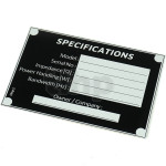 Aluminum nameplate for professional loudspeaker, black print, one adhesive side, dimensions 105 x 71 mm, thickness 1 mm
