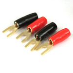 Set of four insulated and marked 4.2 mm steel gold-plated fork lugs (2 red, 2 black), solder, for conductor up to 4 mm² (diameter 3.3 mm), internal fork spacing 4.4 mm, external 8.2 mm