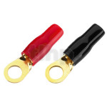 Set of four insulated and marked 8.4 mm gold-plated steel eyelet terminals (2 red, 2 black), to be soldered, for conductors up to 16 mm² (diameter 5.5 mm), inner diameter of the eyelet 8.4 mm