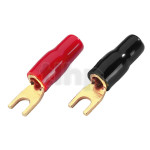 Set of four insulated and marked 6.3 mm steel gold-plated fork lugs (2 red, 2 black), solder, for conductor up to 16 mm² (diameter 5.5 mm), internal fork spacing 6.3 mm