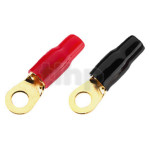 Set of four insulated and marked 8.4 mm gold-plated steel eyelet terminals (2 red, 2 black), to be soldered, for conductors up to 25 mm² (diameter 8.4 mm), inner diameter of the eyelet 8.4 mm
