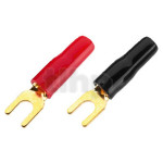 Set of four insulated and marked 4.2 mm steel gold-plated fork lugs (2 red, 2 black), solder, for conductor up to 6 mm² (diameter 3 mm), internal fork spacing 4.2 mm