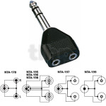 Double mini-jack 3.5 mm stereo female adapter to 6.3 mm male stereo jack, black plastic body