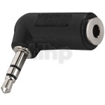 Right-angled 3.5 mm stereo female to male mini-jack adapter, black plastic body