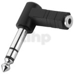 Right-angled 3.5 mm female stereo mini-jack to 6.3 mm male stereo jack adapter, black plastic body