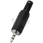 Stereo black plastic male 2.5 mm mini-Jack plug , shielding and cable bending protection, for 5 mm diameter cable