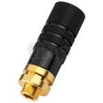 Stereo black metal female 3.5 mm mini-Jack plug , with screw lock, gold-plated contacts, for 4.2 mm diameter cable, suitable for connecting microphones with 5.9 mm inside thread