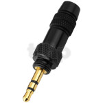 Stereo black metal male 3.5 mm mini-Jack plug , with screw lock, gold-plated contacts, for 4.2 mm diameter cable, suitable for transmitters  with 7.9 mm inside thread