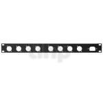 19 inch rack pannel, 1U, black, steel, with eight holes for D-series (NL4MP, NL2MP…) and one for IEC plug