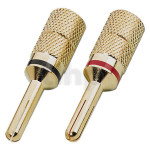 Pair of high-end metal banana plugs, 4 mm, gold-plated, solder (max 4 mm²), red / black markings