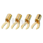 Set of four gold-plated fork lugs, solder, for wire up to 4 mm², inner fork spacing ~ 6.3 mm, total length ~ 24 mm