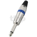 Mono metal male 6.3 mm Jack plug, blue ring, nickel-plated contacts and cable bending protection, for 7 mm diameter cable