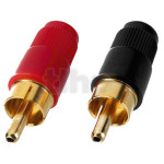 Pair of RCA male plastic plug, gold-plated contact, red / black body, for 5 mm diameter cable