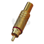 Gold-plated RCA male plug, red ring, with cable protection system, for cable diameter 7 mm