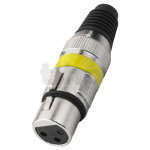 XLR female metal plug, 3 poles, yellow ring, nickel contacts, cable entry diameter 7 mm
