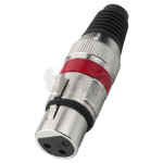 XLR female metal plug, 3 poles, red ring, nickel contacts, cable entry diameter 7 mm