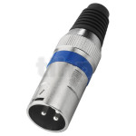 XLR male metal plug, 3 poles, blue ring, nickel contacts, cable entry diameter 7 mm