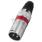 XLR male metal plug, 3 poles, red ring, nickel contacts, cable entry diameter 7 mm