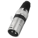 XLR male metal plug, 3 poles, black ring, nickel contacts, cable entry diameter 7 mm