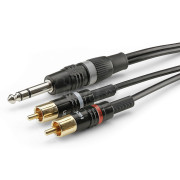 6m instrument cable, with two male RCA plugs (red/black markers) to one male 6.35 mm mini-Jack stereo plug, Sommercable HBP-6SC2, black, with gold plated contact connectors