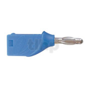 Blue PVC banana  plug, stackable, lenght 43 mm, solder contact