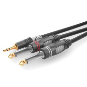 0.9m Y audio cable, with 3.5 mm stereo mini Jack to double 6.35 mm mono Jack, Sommercable HBA-3S62, black, with Hicon gold plated contact connectors
