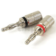 Pair of banana plugs, one red, one black, total length 38.7 mm, nickel brass
