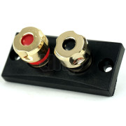 Small rectangular 2-pole recessed terminal block for high fidelity loudspeaker, gold-plated contacts, for banana plug or clamping on wire, rectangle front 54x24 mm