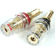 Pair of high fidelity gold-plated loudspeaker terminals for banana or clamping on wire (diameter 5 mm max), red/black markings, diameter 19 mm, length 54.7 mm