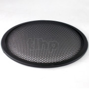 Round speaker grille, black steel, round holes, 261 mm external diameter (+/-2mm), for 10 inch speaker